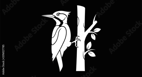 Minimalist white line art of a woodpecker perched on a tree branch against a black background.