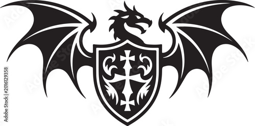 Fotografie Dragon with wings and shield with cross symbol heraldry emblem logo vector illustration