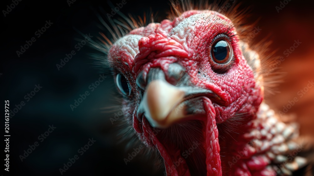 Fototapeta premium A striking close-up of a turkey showcasing its vibrant features and intense expression, capturing both the beauty of its details and the primal essence of wildlife.