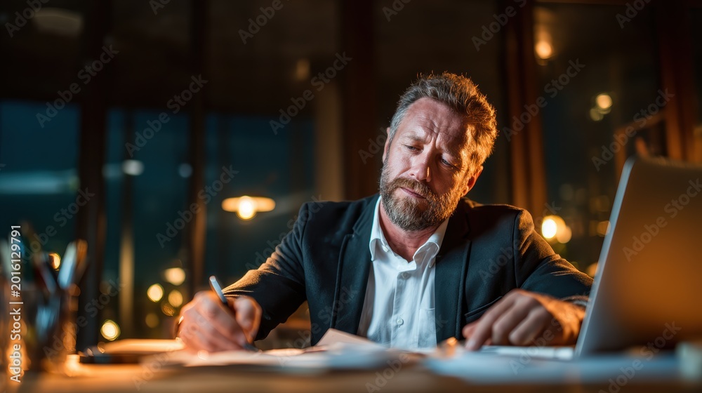 Obraz premium A determined professional is writing intensely at his cluttered desk, symbolizing hard work and dedication in a corporate environment filled with paperwork and files.