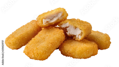 Fotografia Golden crispy chicken nuggets with visible white meat, isolated on transparent b