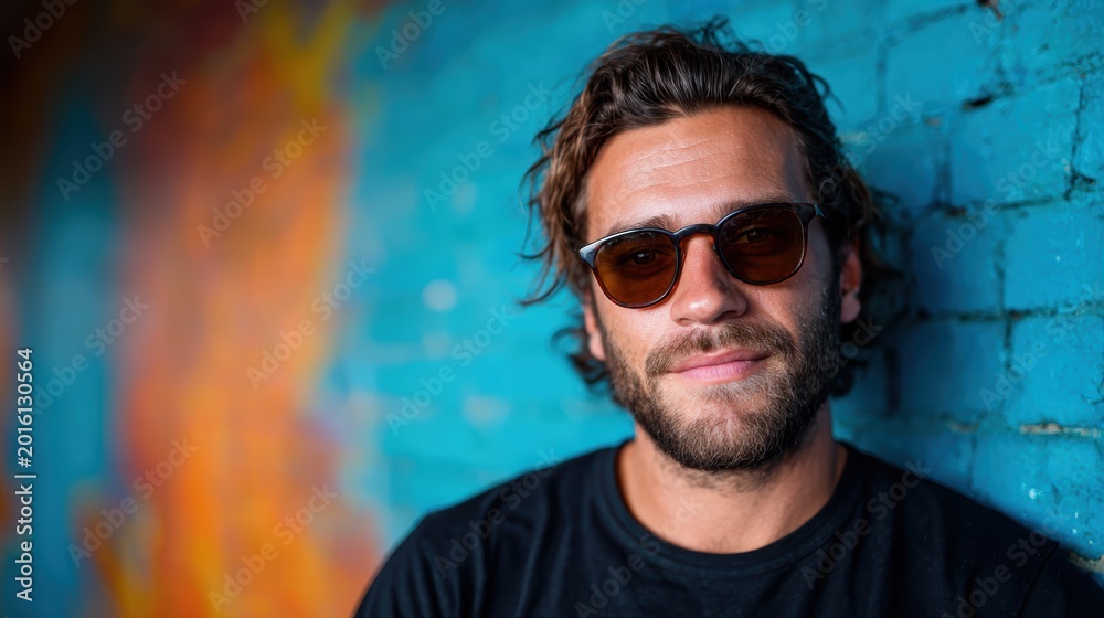 Obraz premium A relaxed young man with glasses leaning against a colorful wall exudes confidence and modern style, illustrating the essence of casual urban living.