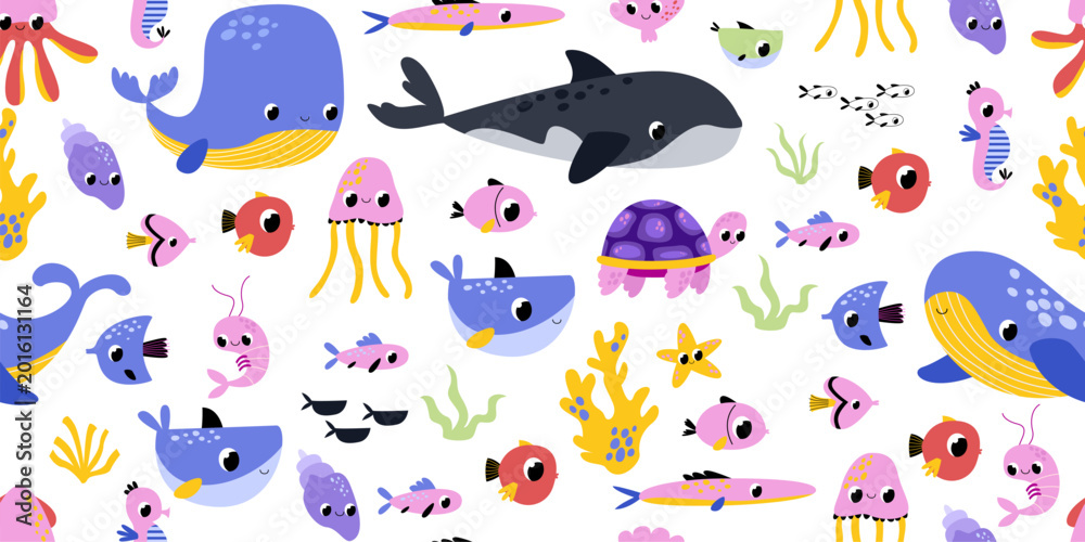 Obraz premium Full underwater world with whales turtles jellyfish and small fish for kids bedroom wallpaper oceania themed nursery decor baby boy first birthday party