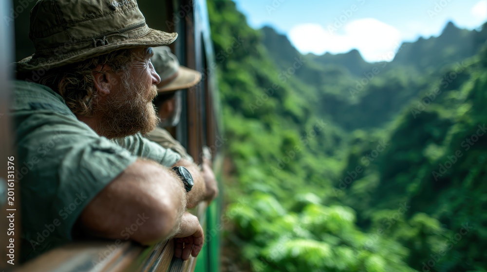 Fototapeta premium A thoughtful explorer gazes out from a train window, marveling at the lush, green mountain landscape which highlights the beauty of nature and the thrill of adventure.