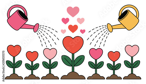 Tableau sur toile Nurturing Love: Two watering cans nurturing heart-shaped flowers, representing the growth of love and affection