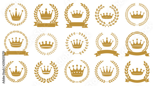 Foto Royal Emblems Collection: A set of exquisite crowns encircled with laurel wreaths and banners, exuding prestige