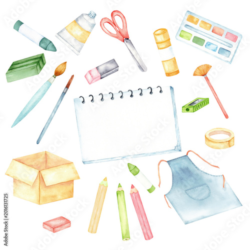 Square composition of watercolor kids art supplies with sketchbook, paints, brushes and crayons for craft background and stationery design. Back to school. Education concept. Copy space. Hand drawn
