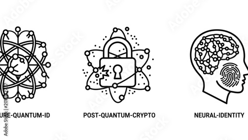 Advanced quantum cryptography and neural identity vector icons with cryptography identity security encryption technology fingerprint protection innovation abstract computing information