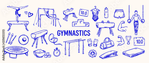 Foto Gymnastics Illustration: A comprehensive illustrated collection of gymnastics equipment and activities, depicting the various apparatus and exercises