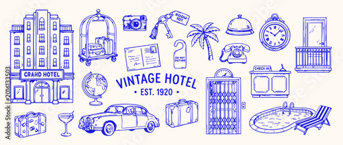 Canvastavla Vintage Hotel Charm: A whimsical illustration of a classic hotel, showcasing iconic elements such as a vintage car, bellhop cart, and palm tree, all capturing the nostalgia of a bygone era