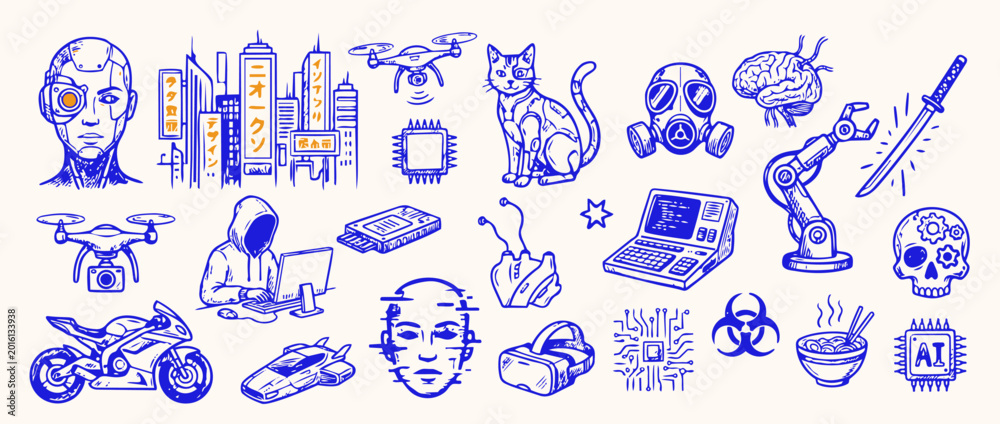 Fototapeta premium Digital Dreamscape: A captivating collection of digital illustrations, weaving a futuristic narrative of technological innovation and its complex relationship with humanity. 