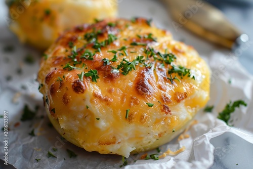 Delicious twice baked potatoes topped with melted cheese and fresh parsley, creating a comforting and flavorful dish