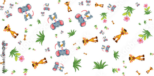 Canvas Print Seamless pattern with elephants giraffes mice and tropical plants
