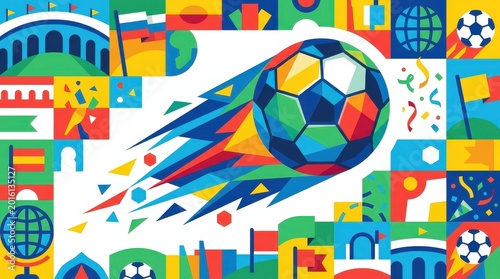 Colorful Soccer Ball in Dynamic Design with Elements of Sports and Playful Graphics