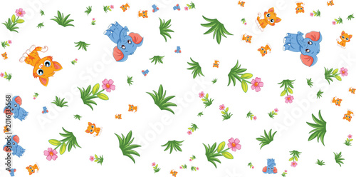 Photography Floral pattern with cartoon elephants and tigers on white background