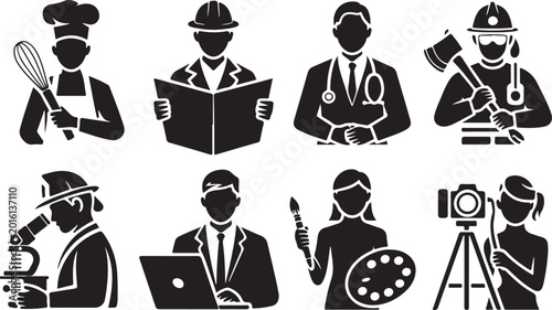 Collection of various professional occupations and activities in black silhouettes on white background