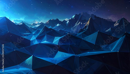 Geometric landscape depicting mountains and a starry sky in cool blue tones