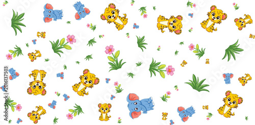 Fényképezés Seamless pattern with tigers elephants flowers and leaves