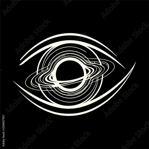 Foto Stylized white black hole with accretion disk inside an abstract eye shape on a black background, representing cosmic vision or a singularity