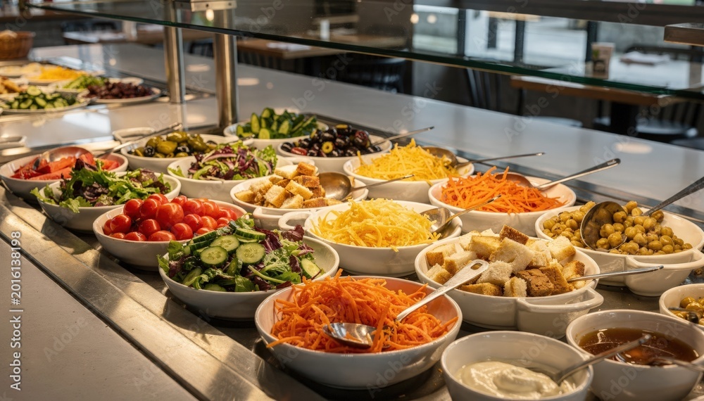 Fototapeta premium Focused medium shot of a varied salad buffet with bowls of toppings and dressings behind sneeze guards the eating area gently blurred for depth emphasis.