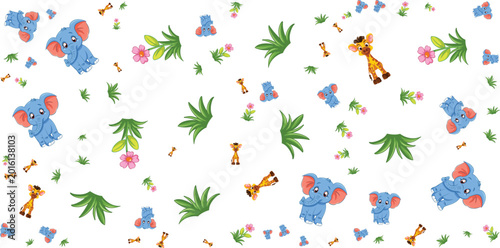 Photography Cute animal pattern with elephants giraffes and tropical leaves