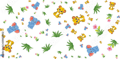 Photography Animal pattern with elephants tigers butterflies and plants on white