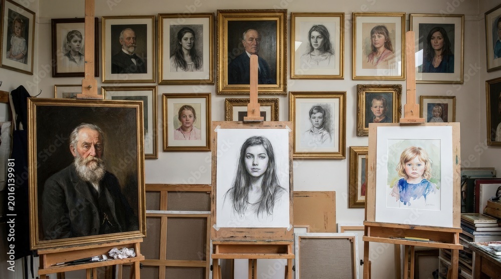 Fototapeta premium Art studio with framed portraits on walls and portrait easels with paintings of people