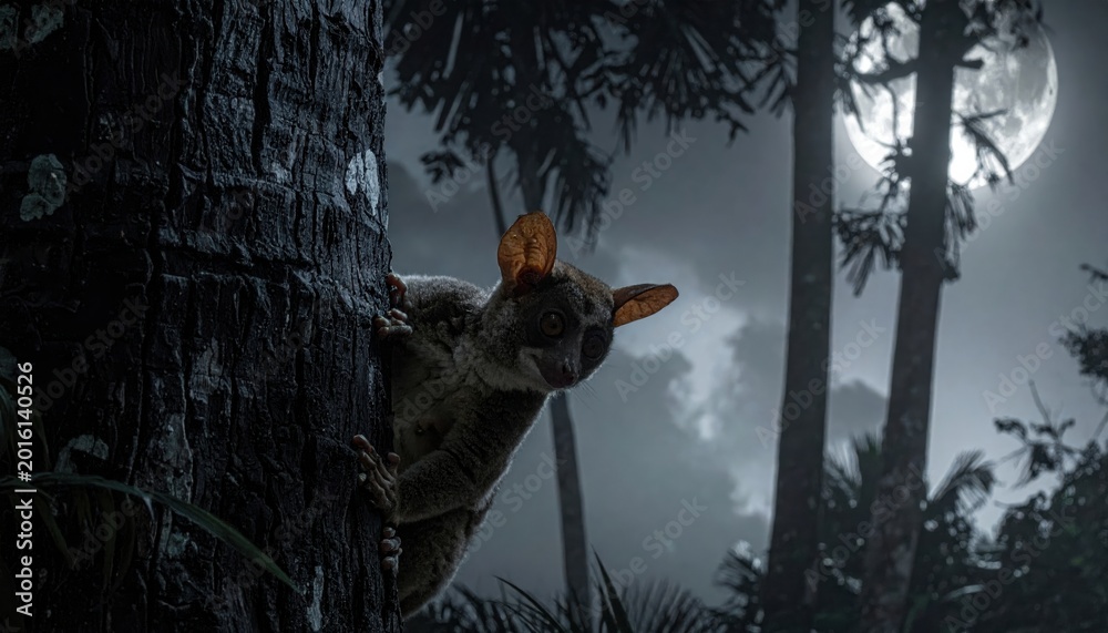 Fototapeta premium Nocturnal Aye Aye Lemur with Large Leathery Ears and Skeletal Fingers Perched on a Rough Tree Trunk under a Full Moon in the Jungle, Cinematic Widescreen Wildlife Photography.