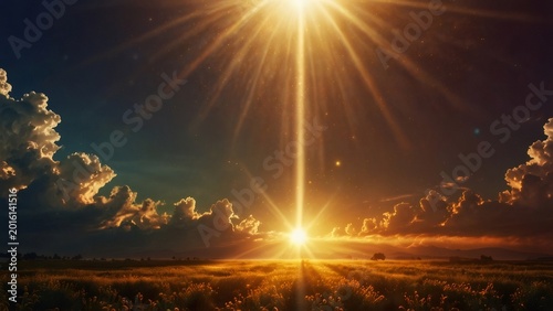 Golden light beam shining over a serene field