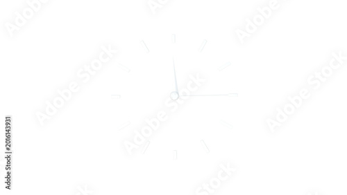 3D render of minimalist analog clock face with white hour markers and hands showing 12:15, isolated on transparent background, modern clean timepiece design element.