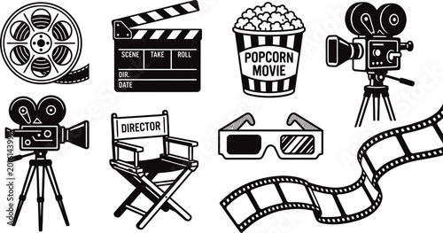 Cinema movie equipment and film strip vector set.