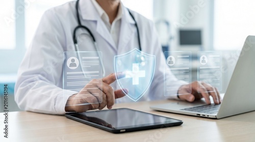 Doctor using digital tablet with virtual interface of patient medical records and health insurance protection shield