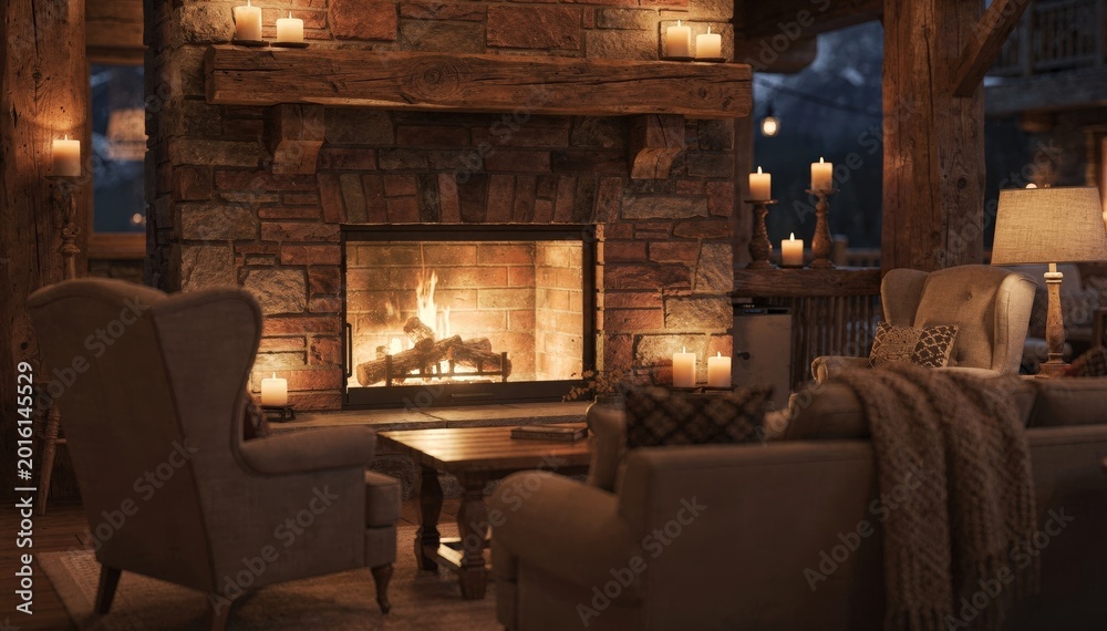Obraz premium Rustic lodge hearth with the focus on the unlit brick firebox blurred candles and cozy seating arranged for warmth and relaxation on a quiet mountain evening.