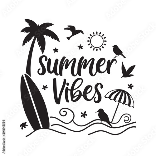 Foto Summer Vibes Beach Illustration with Palm Tree Surfboard and Tropical Elements