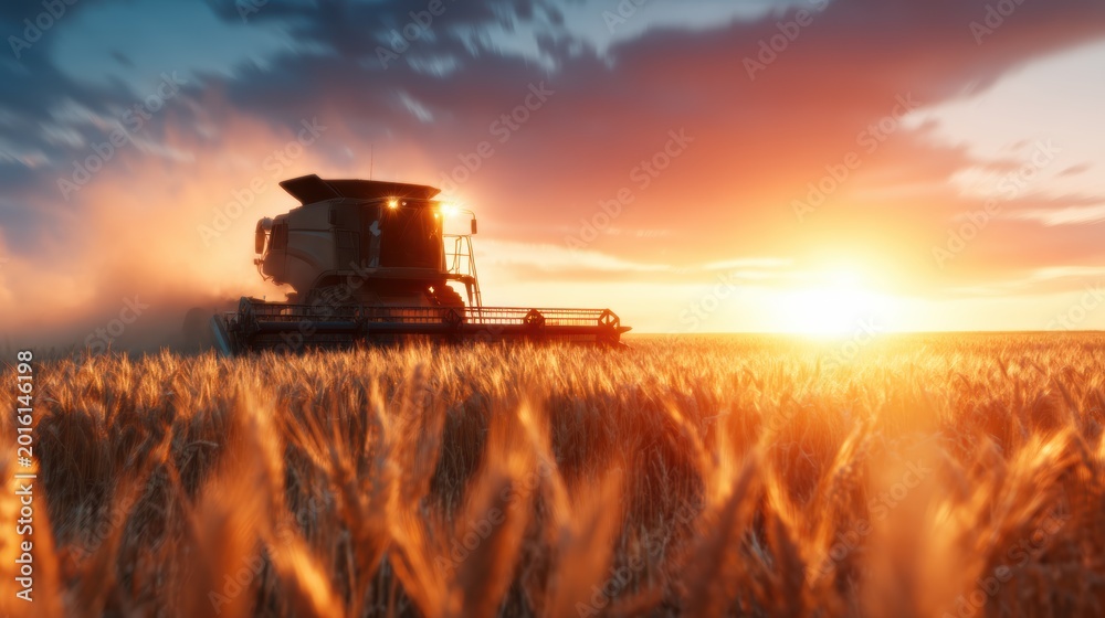 Fototapeta premium A combine harvester works diligently in a wheat field at sunset, capturing the beauty of agricultural life while highlighting the importance of farming and food production.