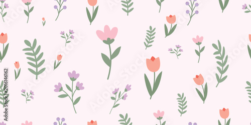 Seamless pattern with hand drawn cute flowers and leaves on a light pink background