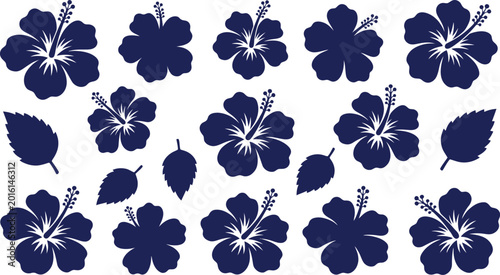 Dark blue hibiscus flowers and leaves on white background, 21 style