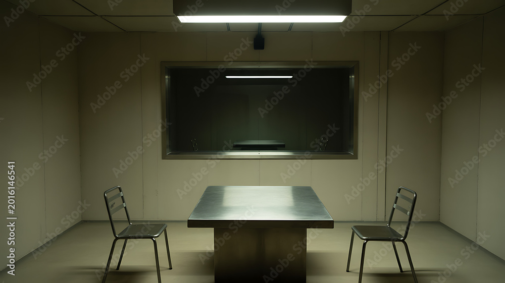 Fototapeta premium Empty Interrogation Room with One Way Mirror and Metal Table