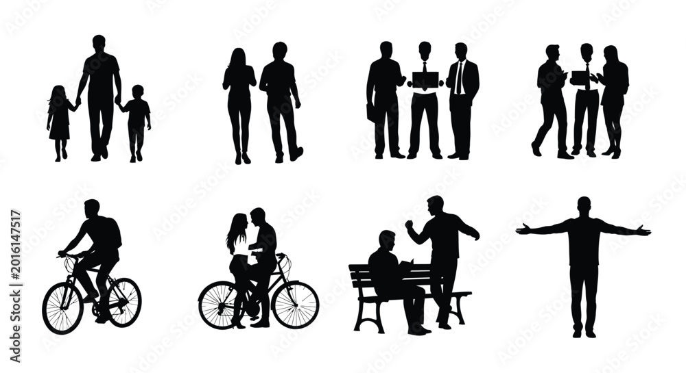 Obraz premium Diverse silhouettes of people engaged in various everyday activities and interactions
