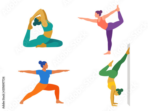 Slika na platnu This image showcases four different yoga poses, emphasizing flexibility, strength, and balance, ideal for mindfulness and fitness enthusiasts who appreciate artful movement