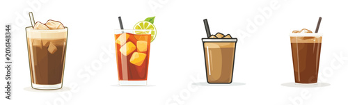 A glass of cola with ice and ice coffee, A Minimalistic 2D flat icon featuring iced coffee, clean vector design, simple illustration style, isolated on a white background, modern element in vector