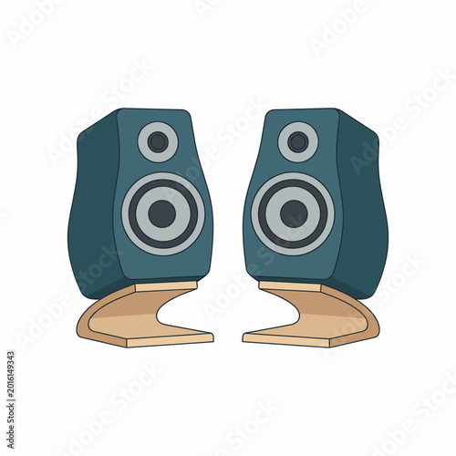 Vászonkép This image features a pair of trendy speakers on a wooden stand, emphasizing their stylish design while highlighting audio quality and home entertainment systems in modern living spaces