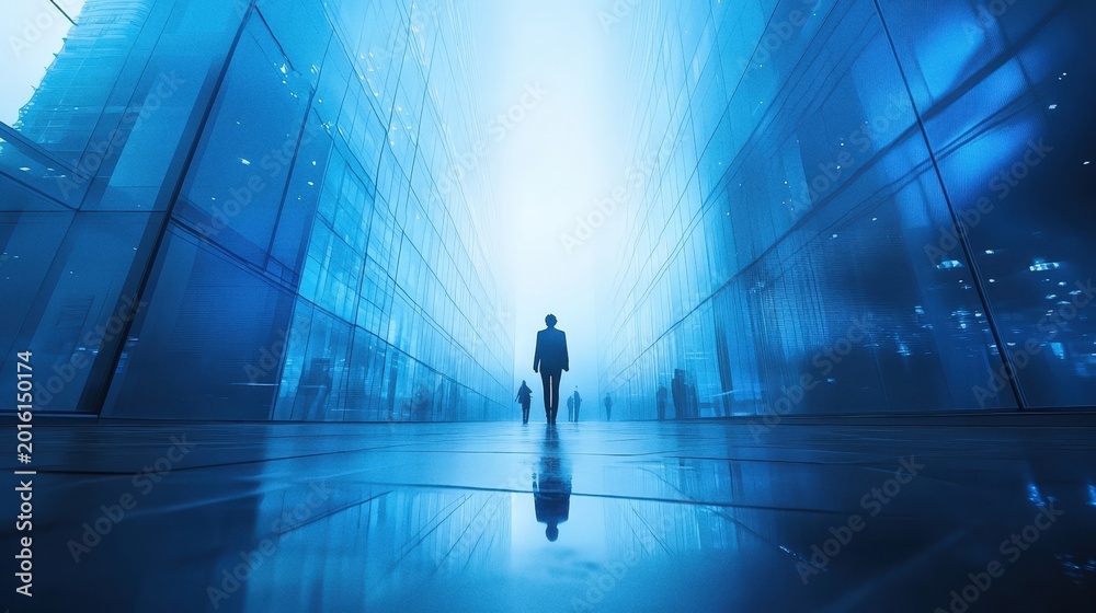 Fototapeta premium Man walking with dog down futuristic blue corridor with reflections