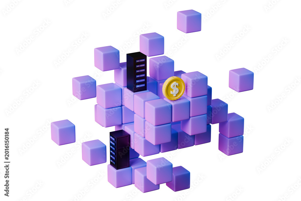 Obraz premium 3d blockchain hosting server icon. big data monetization concept. minimal cartoon purple data cubes with server racks and gold dollar coin. isolated on white transparent background. 3d render.