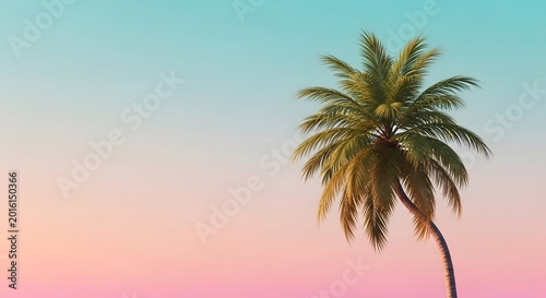 Single palm tree against a soft pink and turquoise gradient sky. Tropical paradise and summer mood. Palm fronds silhouetted against a colorful pastel dawn sky with copy space
