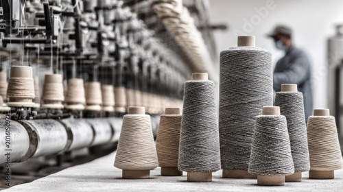 Textile factory spools of thread with industrial machinery in the background