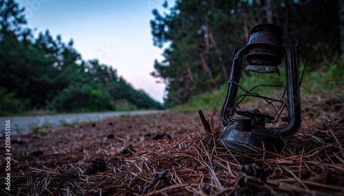 Rustic and broken vintage iron lantern frame lying abandoned on a bed of dry pine needles along a forest road at twilight, creating a moody cinematic wide angle scene of forgotten history.