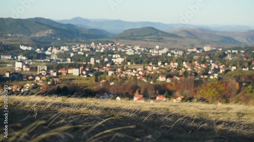 Grass sway in wind on slope of Zlatibor mountain at morning, and blurred in background are mountainous landscape with settlement of Zlatibor, travel destination in southern Serbia
