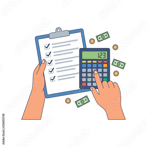 Obraz na plátně This image illustrates financial planning tools, including a calculator and checklist, highlighting the importance of budgeting and careful financial management in everyday life