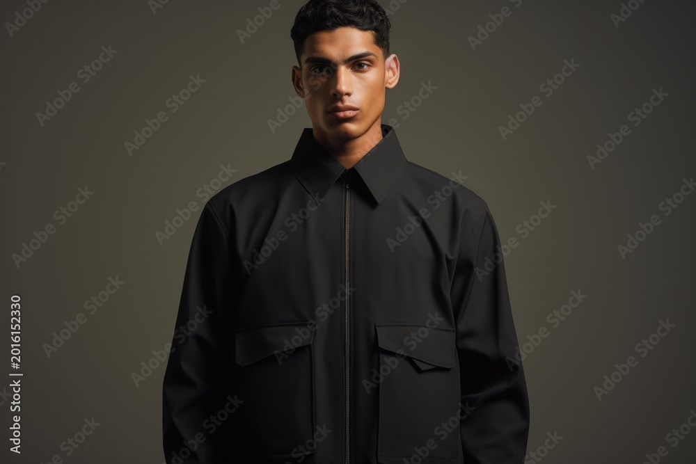 Obraz premium Studio shot of a male fashion model showcasing a contemporary black overshirt with a front zipper and pockets, exuding confidence and style